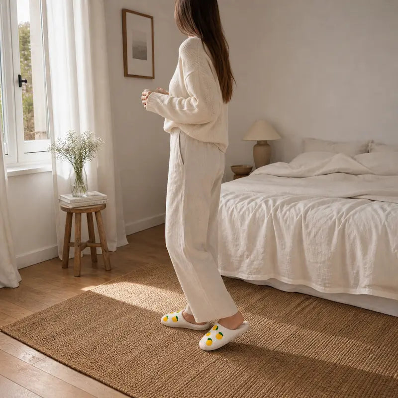 Chausson-Solea-motif-citron-confort-ete-semelle-antiderapante