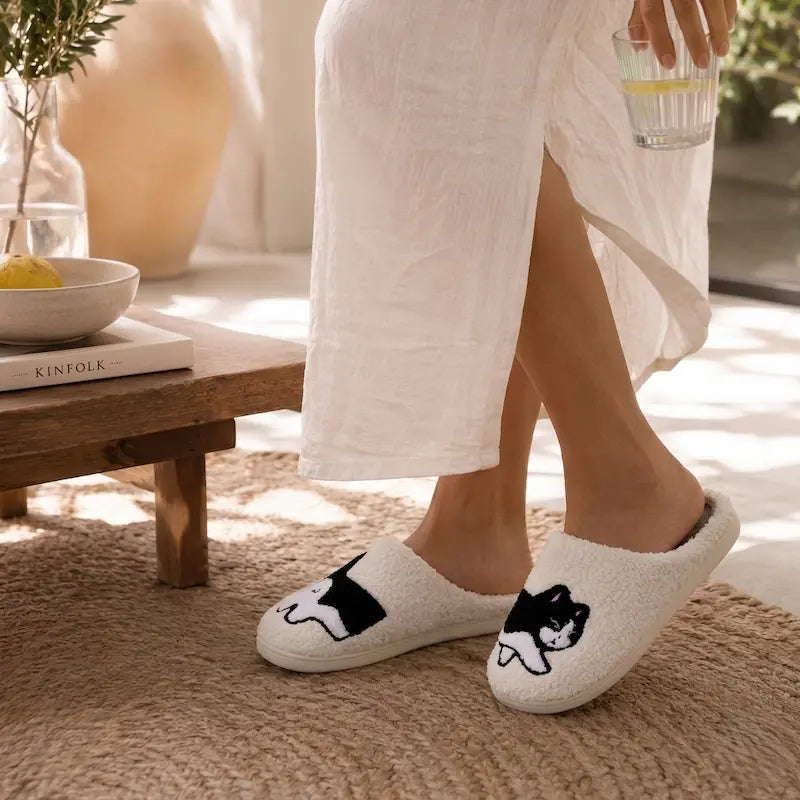 Chausson-femme-toute-saison-Motif-Chat-Blanc