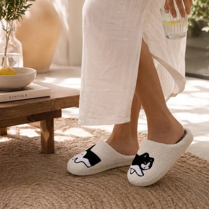 Chausson-femme-toute-saison-Motif-Chat-Blanc