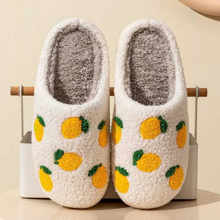 Chaussons femme Hiver en peluche courte- confortable – Motif citron brodé - Soléa
