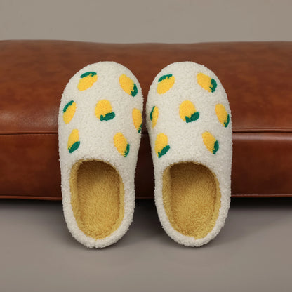 Chaussons femme Hiver en peluche courte- confortable – Motif citron brodé - Soléa