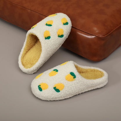 Chaussons femme Hiver en peluche courte- confortable – Motif citron brodé - Soléa