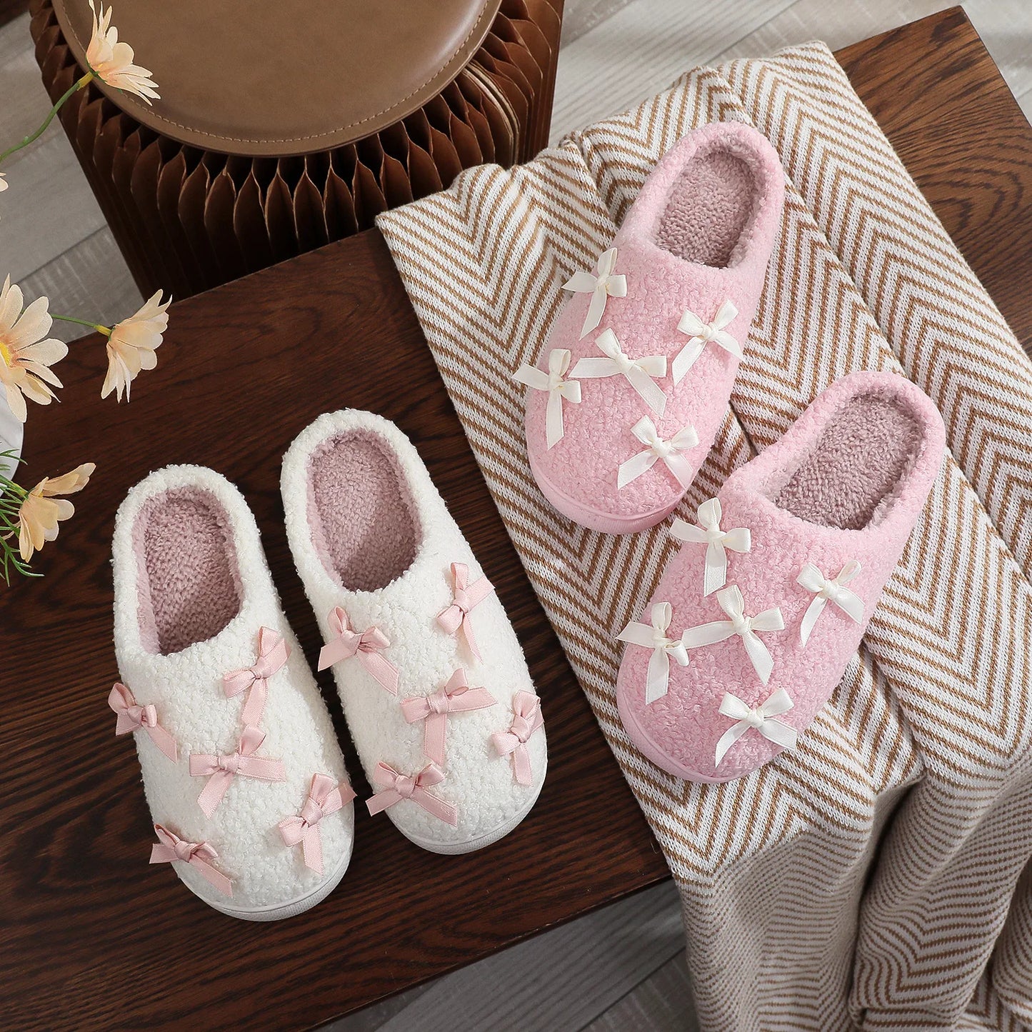 Chaussons Hiver Femme Doux à Nœuds – Intérieur Confort et Semelle Antidérapante -  Lolita