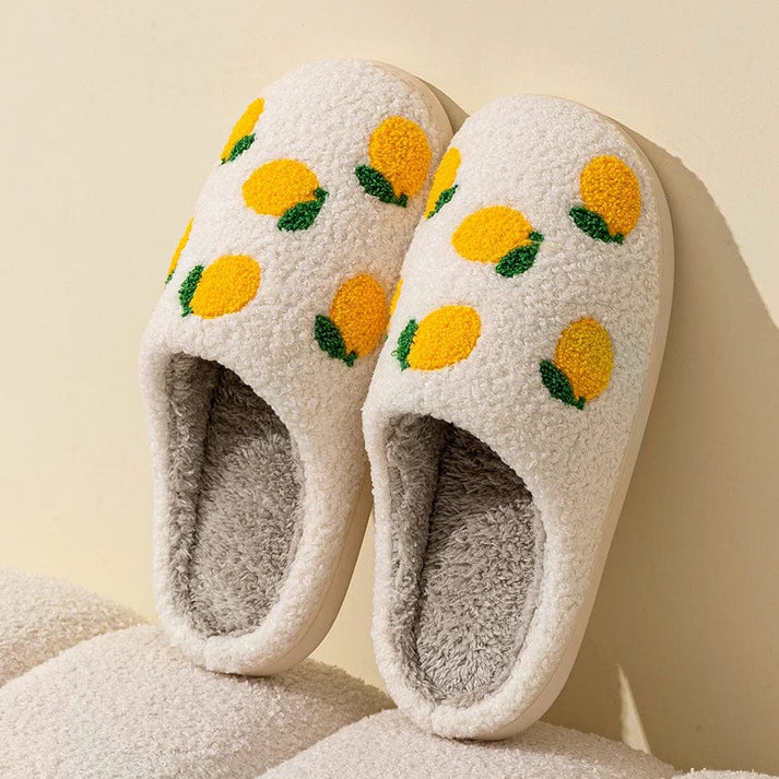 Chaussons femme Hiver en peluche courte- confortable – Motif citron brodé - Soléa
