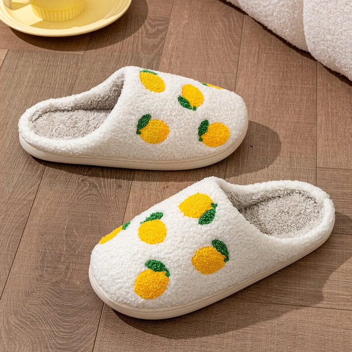 Chaussons femme Hiver en peluche courte- confortable – Motif citron brodé - Soléa