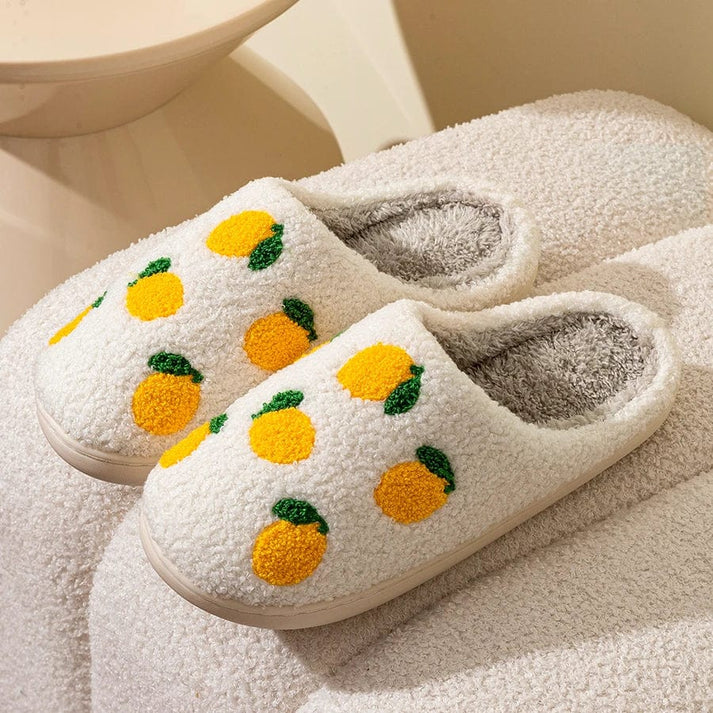 Chaussons femme Hiver en peluche courte- confortable – Motif citron brodé - Soléa