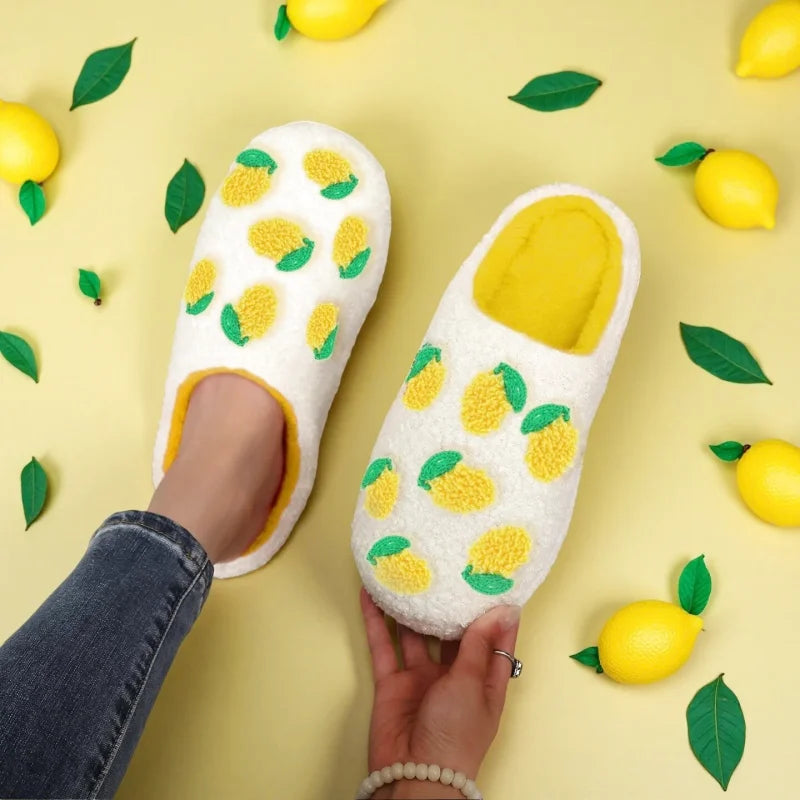 Chaussons femme Hiver en peluche courte- confortable – Motif citron brodé - Soléa