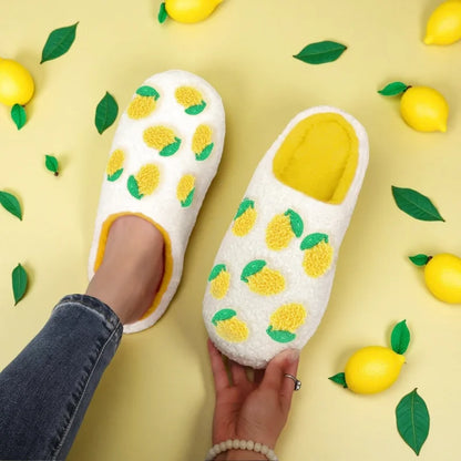 Chaussons femme Hiver en peluche courte- confortable – Motif citron brodé - Soléa