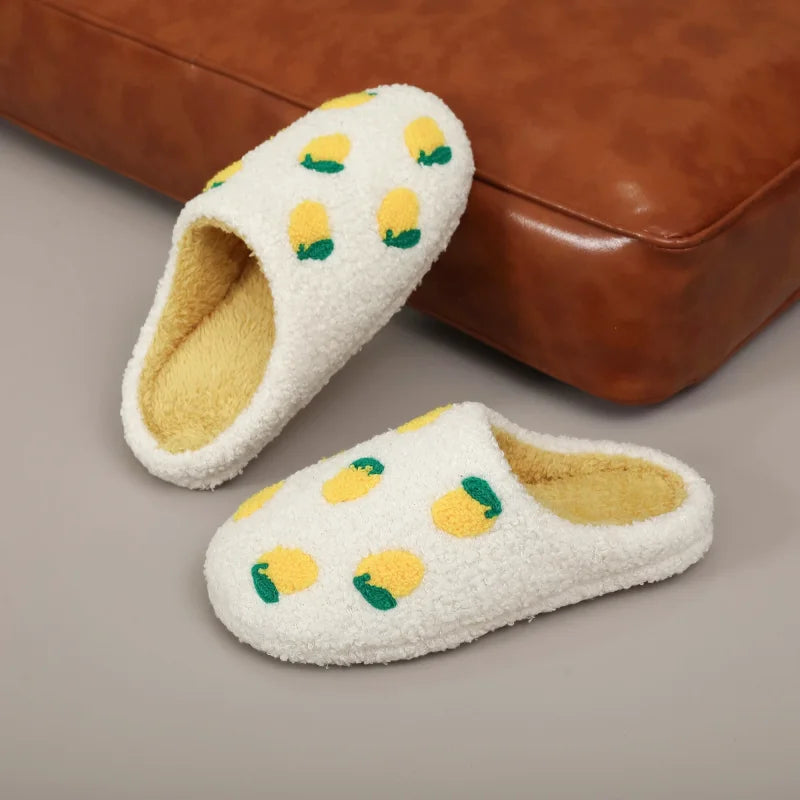Chaussons femme Hiver en peluche courte- confortable – Motif citron brodé - Soléa