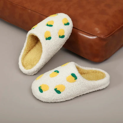 Chaussons femme Hiver en peluche courte- confortable – Motif citron brodé - Soléa