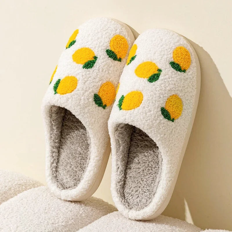 Chaussons femme Hiver en peluche courte- confortable – Motif citron brodé - Soléa