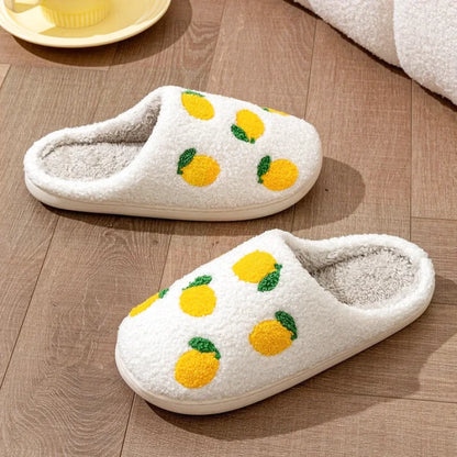 Chaussons femme Hiver en peluche courte- confortable – Motif citron brodé - Soléa