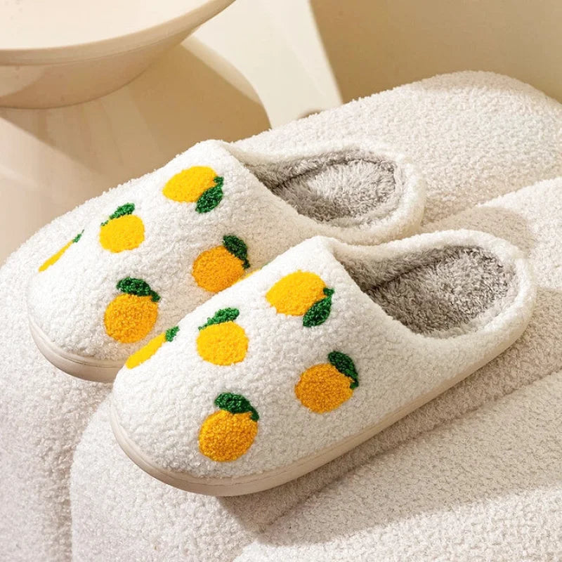 Chaussons femme Hiver en peluche courte- confortable – Motif citron brodé - Soléa