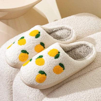 Chaussons femme Hiver en peluche courte- confortable – Motif citron brodé - Soléa