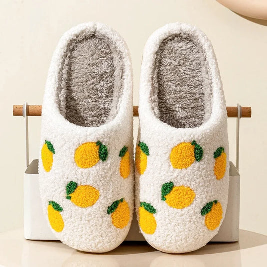Chaussons femme Hiver en peluche courte- confortable – Motif citron brodé - Soléa